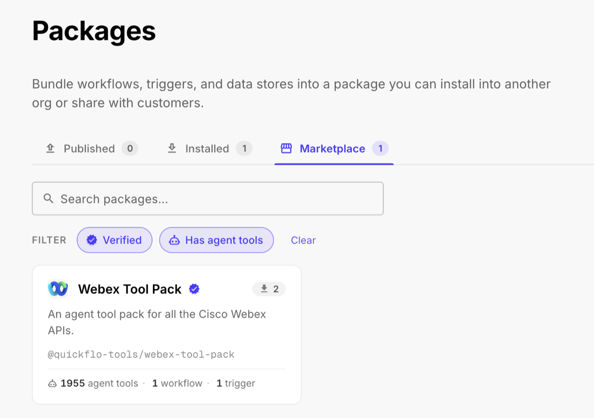 QuickFlo marketplace showing a verified Cisco Webex tool pack